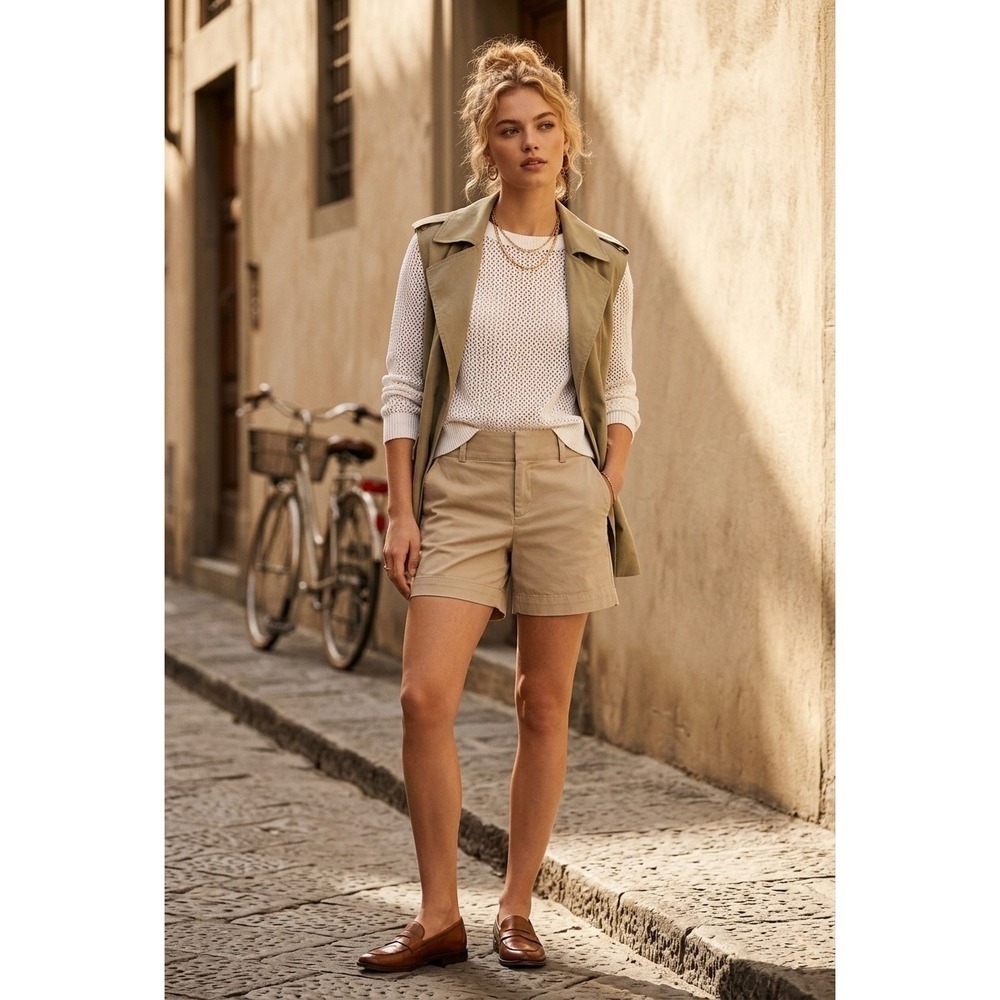 Banana Republic Khaki Chino Shorts Womens 6 Tan Cotton Twill Flat Front Casual